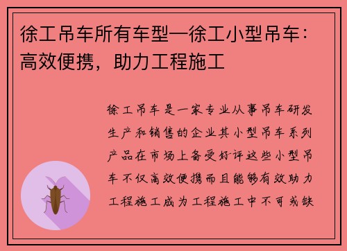 徐工吊车所有车型—徐工小型吊车：高效便携，助力工程施工