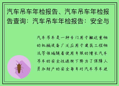 汽车吊车年检报告、汽车吊车年检报告查询：汽车吊车年检报告：安全与合规的重要保障